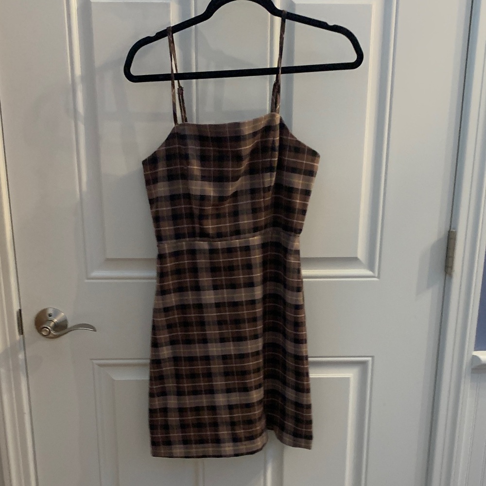 Gianni Bini Tan and Brown Plaid Mini Dress